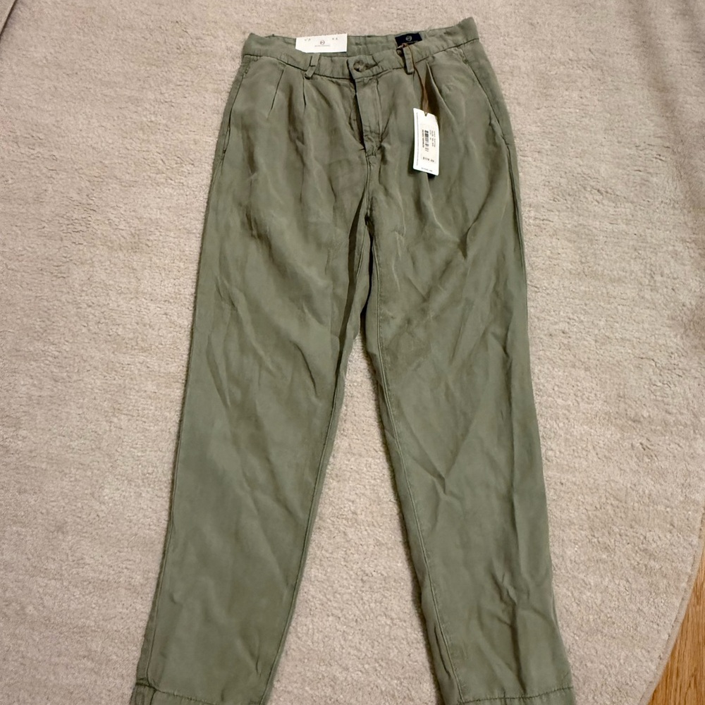 AG Adriano Goldschmied Evan Pleated Trouser Sage Green Linen Blend NWT Size 25